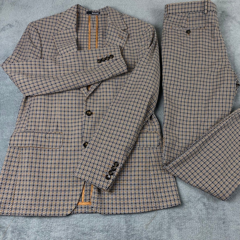 Murano Mens Slim Fit Suit Blazer Trousers 32x32 Tan Brown Plaid Evan